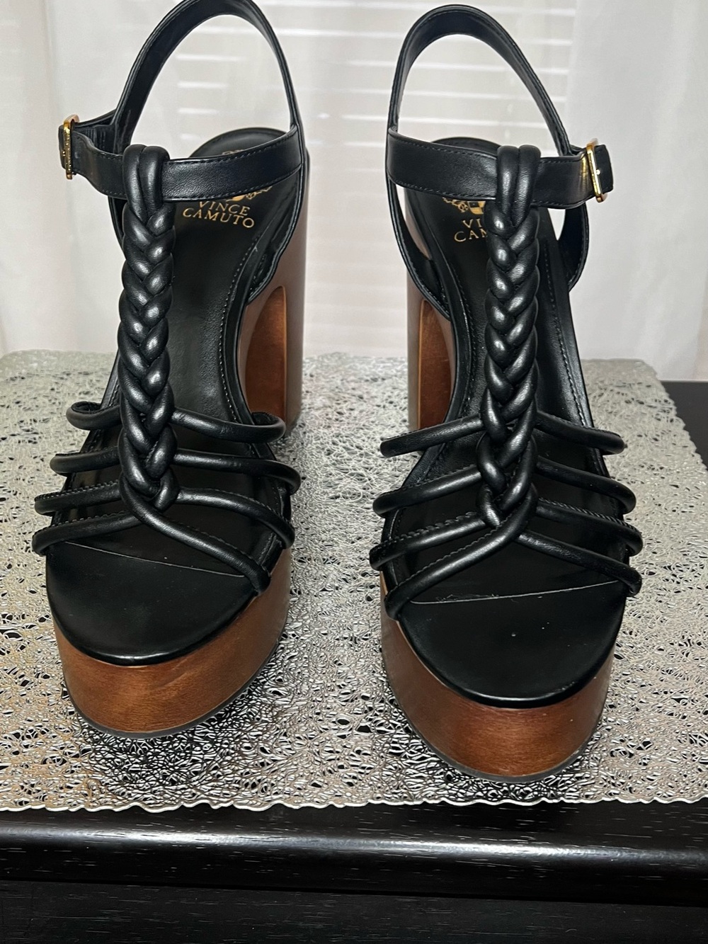 Vince Camuto Black Braided T-Strap Platform Sandal with Wood-Look Heel